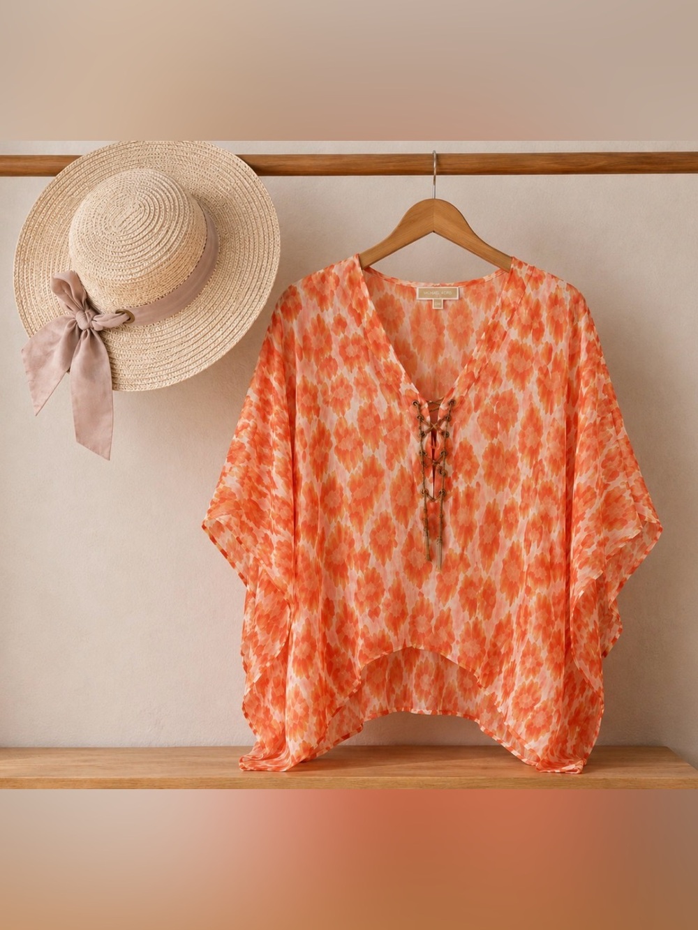 Michael Kors Orange Printed Beach Cover Up + Wide Brim Sun Hat Resort Bundle